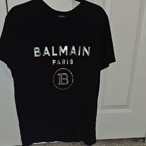 Balmain Black Tee with Metallic Silver Accents